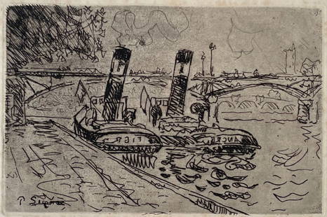 Paul SIGNAC (1863 - 1935) Etching-Aquatint Paris: Le Pont des Arts ave Remorqueurs (1927): Etching on paper after listed French artist Paul Signac. Titled “Paris: Le Pont des Arts avec Remorqueurs “ Unframed. Measures: 5 x 7.5 in. plate / 10 x 12 in. sheet.