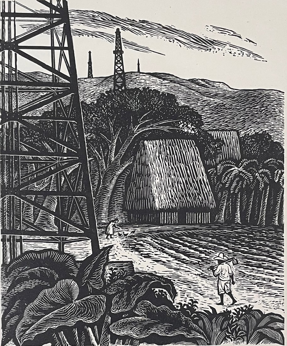 Andrea GOMEZ y MENDOZA (1926 - 2012) Linocut--Farm, Signed, ca. 1955 (1 of 3)