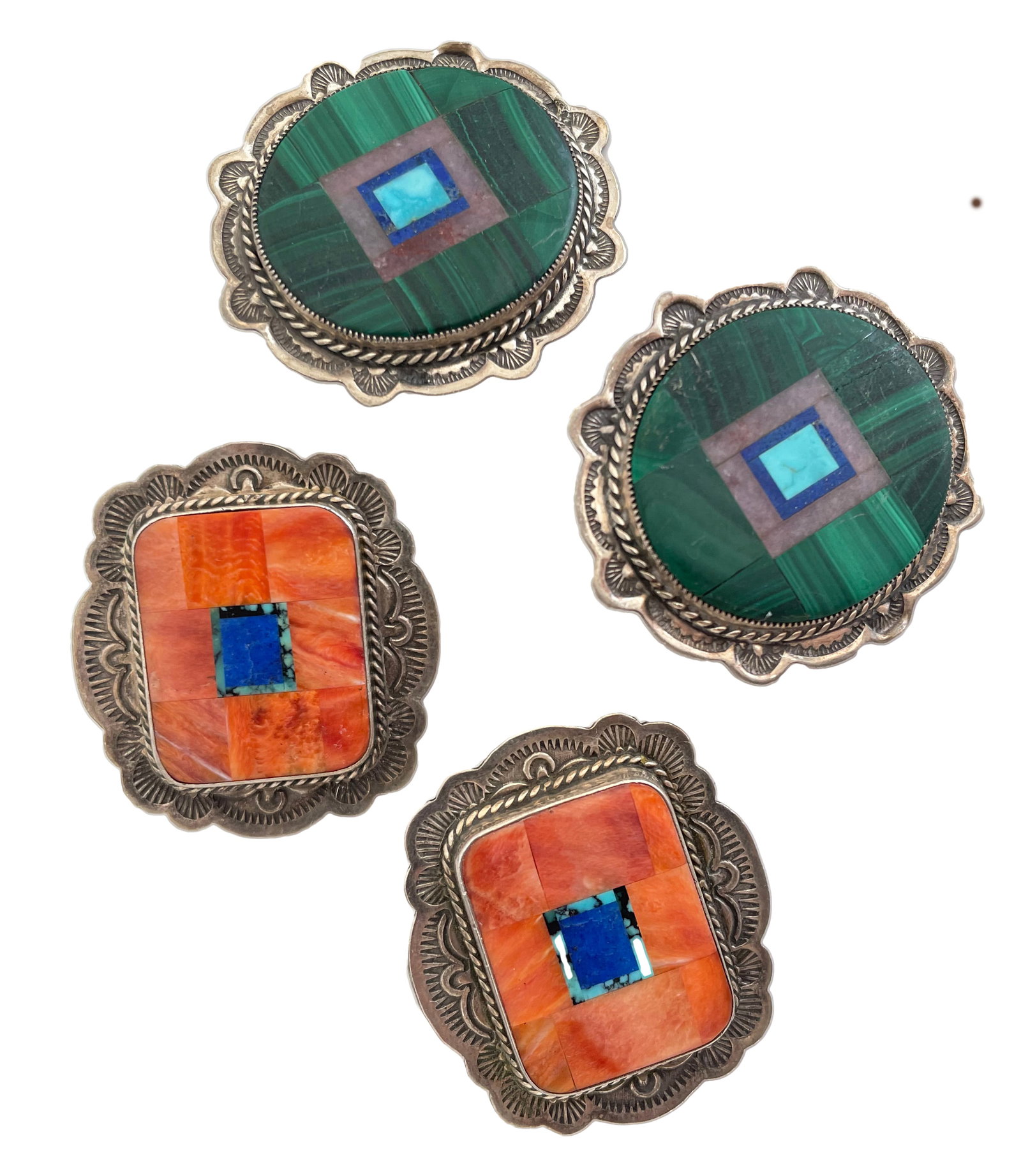 Southwest Channel Set Stone Sterling--2 pair earrings: 2 Southwest style Earrings Channel set stones (malachite, turquoise, lapis, spiny oyster, set in sterling. About 1.25 to 1.5 in. ea. Clip and post backings.