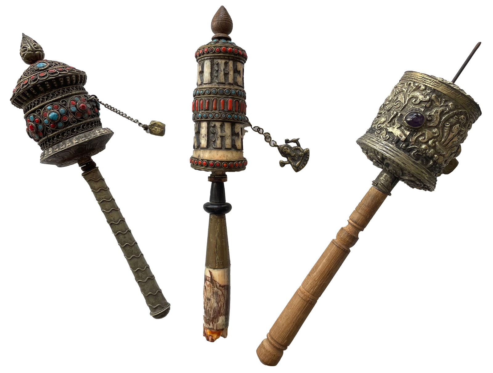 Old Tibetan Prayer Wheels, 3--early 20th c.: Lot 3 Old Tibetan Silver Hand Prayer Wheels. Each varies with silver, brass and bone with turquoise and coral.