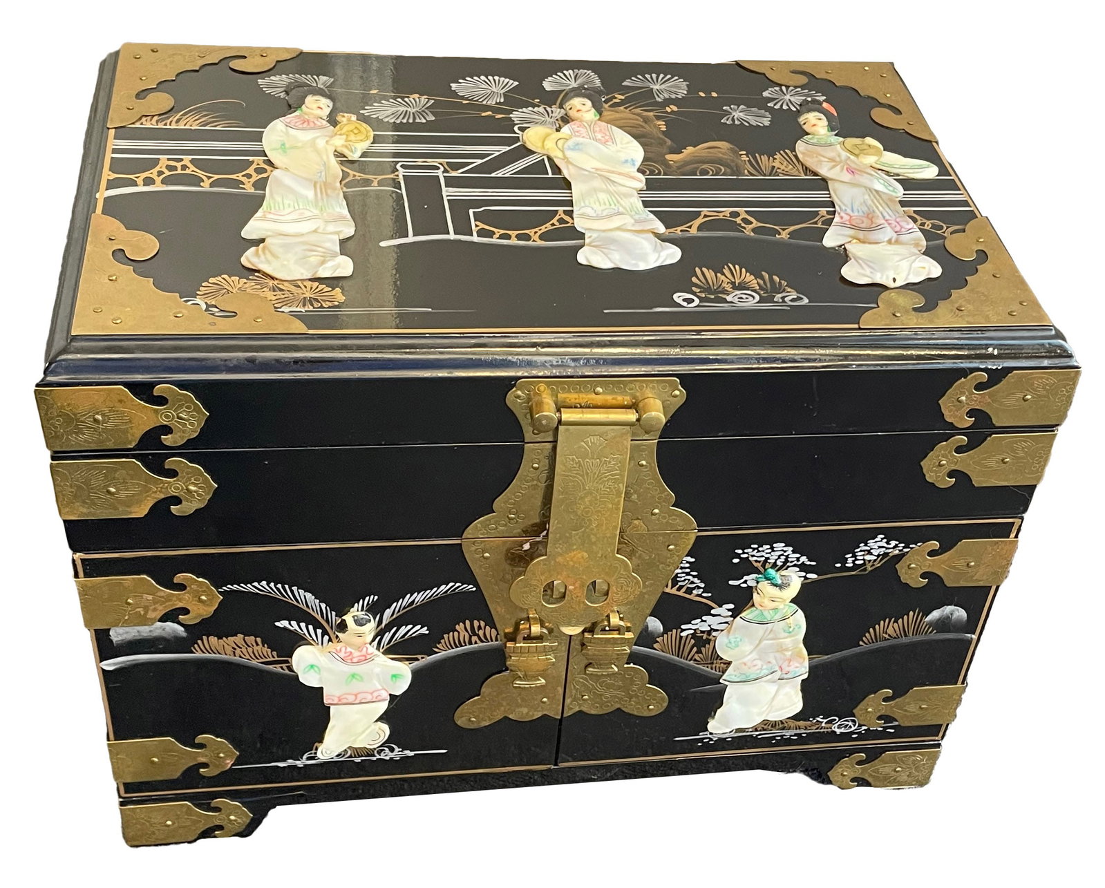 Black Lacquer Mother of Pearl Chinese Jewelry Box: Black lacquer locking jewelry chest, with lock. Hand painted gilt traditional scenery and mother of pearl figures with mirrored lift-top, silk lined. 10 x 14 x 9 in.