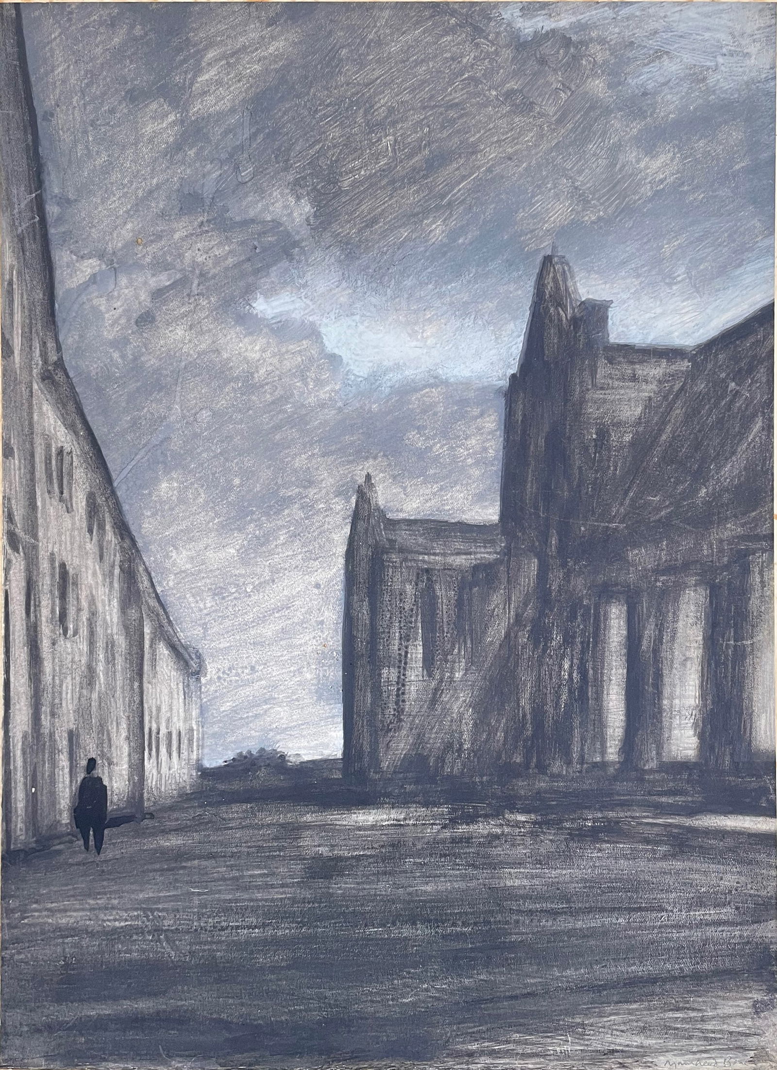 (David) Muirhead BONE (1876 - 1953) "Orvieto Cathedral at Night?? Original, mixed media: Original mixed media on paper, graphite, watercolor and gouache on paper. 14.5 x 11 in. paper. 23 x 18 in. mat board. Provenance: Alfred and Maria Tarski, Berkeley, California; then by family descent