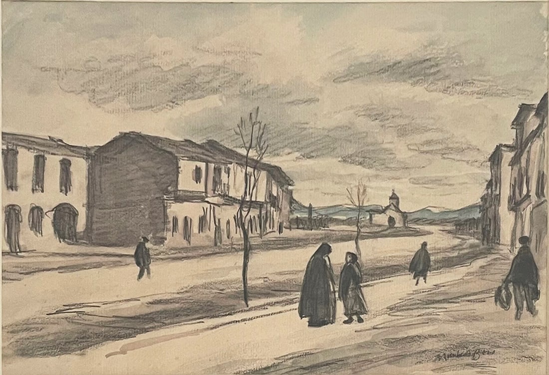 (David) Muirhead BONE (1876 - 1953) "Cold Weather, Segovia?? original, mixed media: Original mixed media, graphite an watercolor on paper. 9 x 13.25 in. sight, 16.5 x 22.75 in. frame. Provenance: Alfred and Maria Tarski, Berkeley, California; then by family descent to the Estate of E