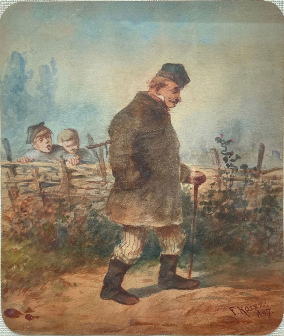 Franciszek KOSTRZEWSKI (1826-1911)  Watercolor, man with children (1857) (1 of 3)