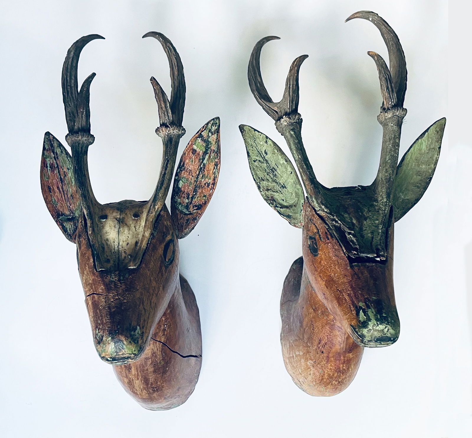 Set (2) Folk Art Deer Heads w/ Real Antlers, 19th c. (1 of 4)