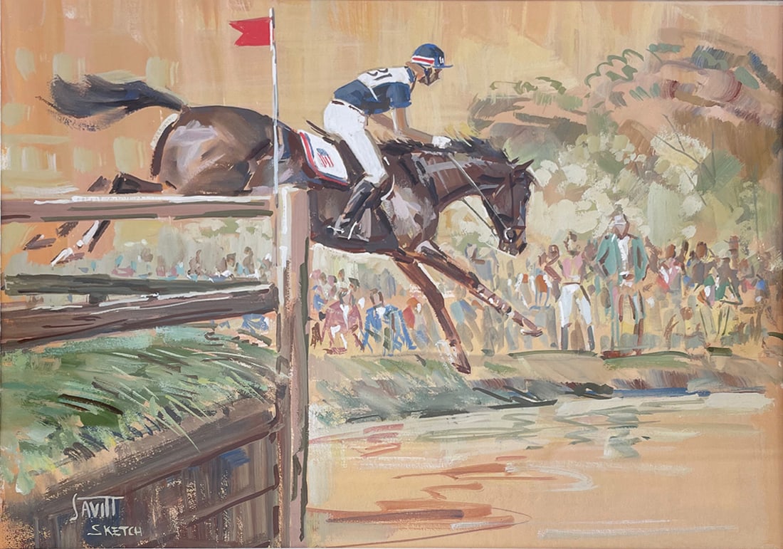 Original Gouache, Sam SAVITT (1917-2000) "Steeplechase" 1988: Original gouache on laid paper. Depicts a U.S. team jumper. Framed in gilt wood with linen liner behind glass. Signed in white gouache and annotated "sketch" Dimensions: 8.5 x 11 in. Savitt was the of