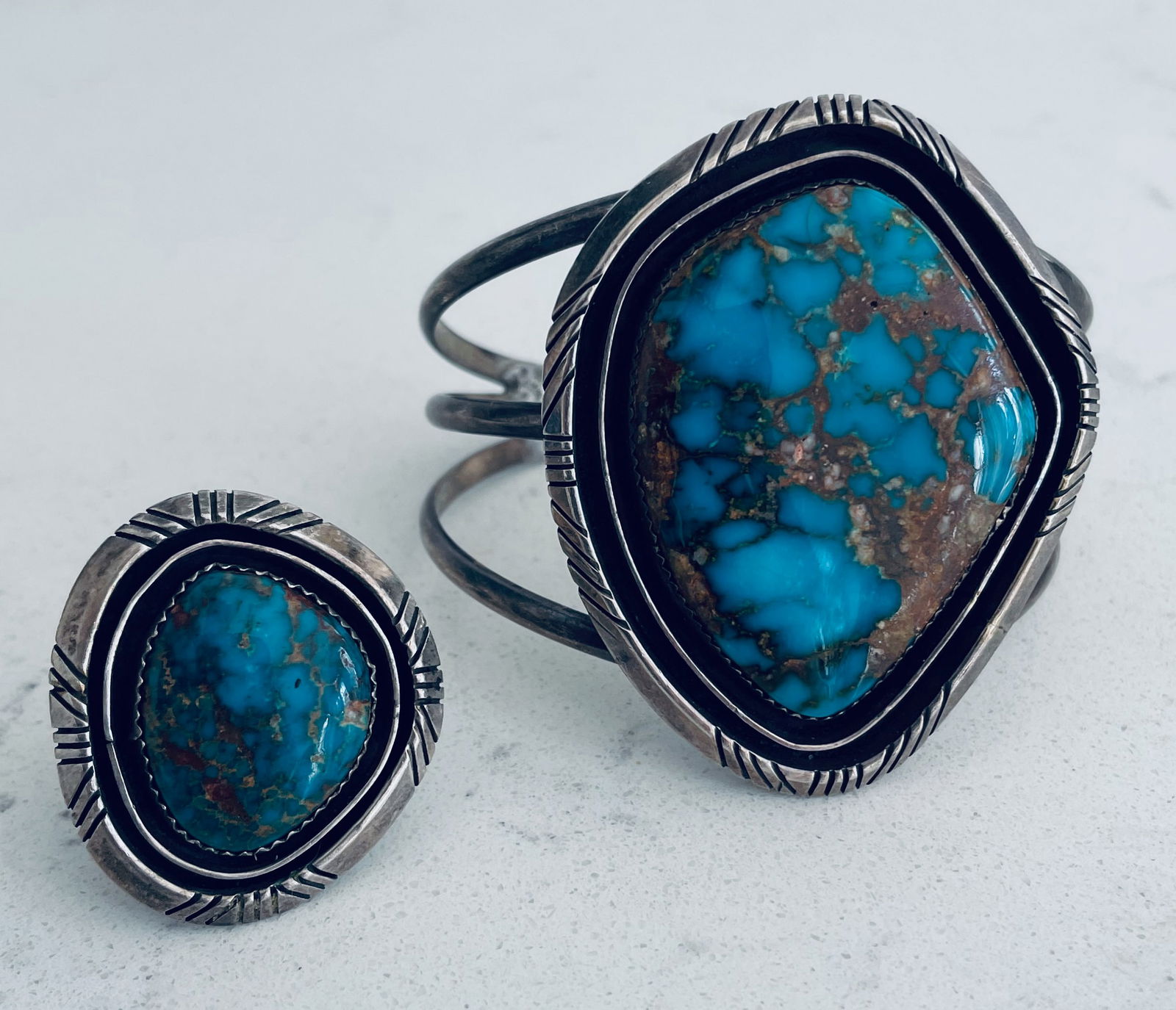 Vintage Navajo Cuff and Ring Turquoise Sterling (1 of 4)