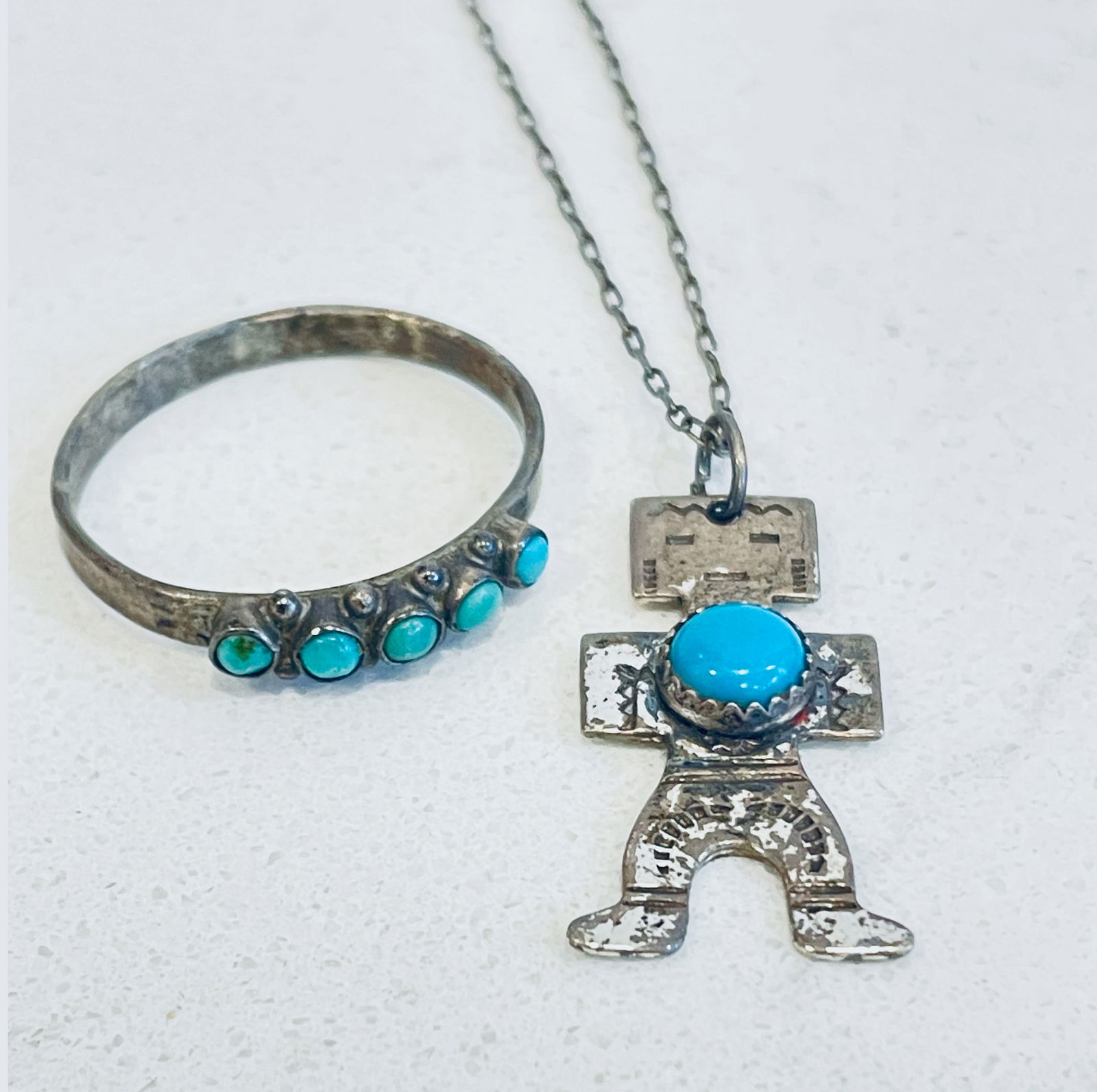 Vintage Navajo Necklace and Ring, Turquoise and Sterling (1 of 5)