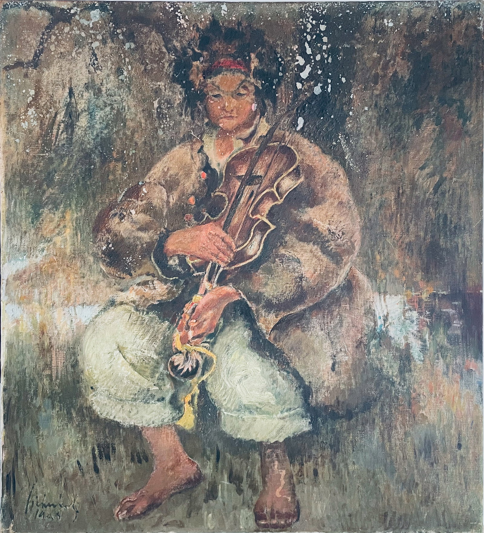 Oil on Canvas, Kazimierz SICHULSKI (1879-1942), Musician: Oil on canvas by Kazimierz SICHULSKI (1879-1942) 1935. A young man in traditional dress sits with a violin with trees in the background. Unframed. Signed and dated in black on lower left.
