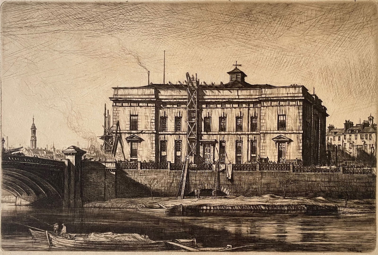 Drypoint/Etching, Sir David Muirhead Bone (Scottish, 1873-1953), Old Courhouse, Glasgow 1912: Etching, drypoint by Sir David Muirhead Bone (Scottish, 1873-1953) "The Old Courthouse, Glasgow"(1912). measures 5 1/4 x 7 7/8 in. plate. Signed in print. Unframed.