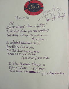 Jimi Hendrix Signed and Handwritten 'Pass It On' Lyrics": In the pantheon of musical virtuosos, few names command as much reverence and awe as Jimi Hendrix. A pioneer of the electric guitar and a master of sonic innovation, his influence on the world of musi