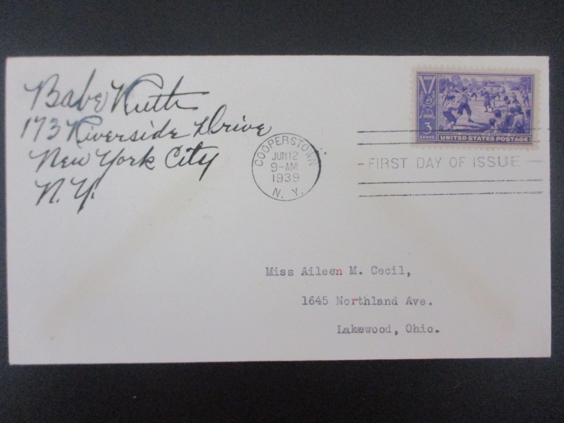 Babe Ruth's Legacy: 1939 Cooperstown First Day of Issue Envelope: This meticulously preserved envelope commemorates a momentous occasion in baseball history: the inaugural induction ceremony at the Baseball Hall of Fame in Cooperstown, 1939. Adorned with the iconic