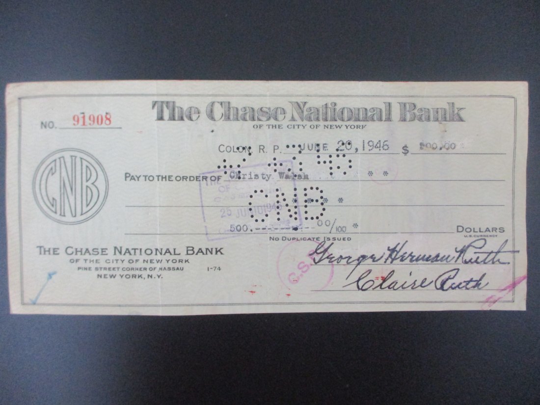 Babe Ruth and Claire Ruth Signed Endorsed Check to Christy Walsh, Check Number 91908: This endorsed check, bearing the signatures of baseball icon Babe Ruth and his beloved wife, Claire Ruth, offers a glimpse into the personal and professional relationships that defined the Sultan of S