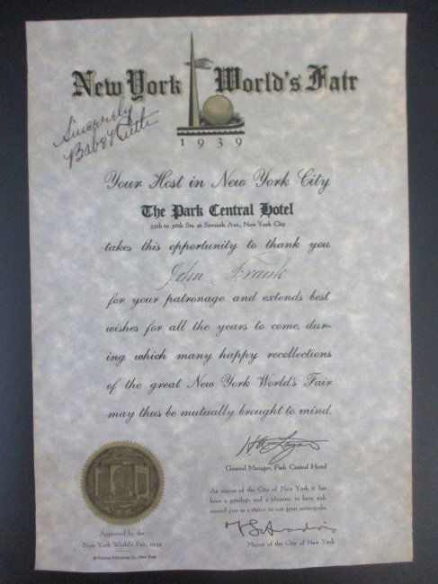 Babe Ruth Signed New York World Fair 1939 Host Invitation: This rare and extraordinary artifact is a signed invitation to the New York World Fair of 1939, personally endorsed by baseball legend Babe Ruth. As a cultural icon of the era, Ruth's association with