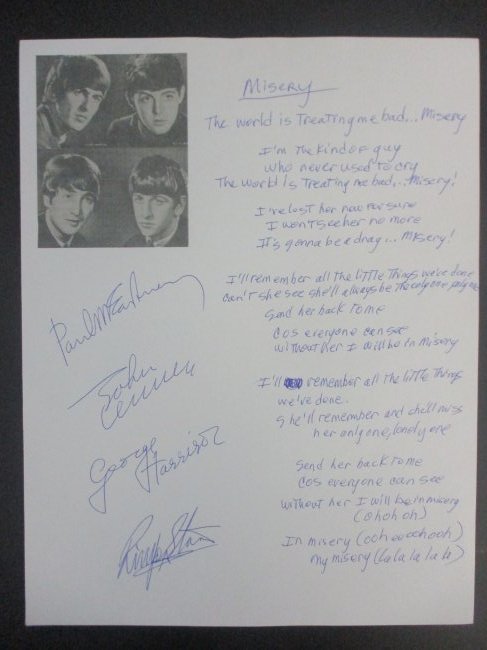 Beatles Signed and Handwritten Lyrics for 'Misery' A Beatlemania Relic: Step back in time to the heyday of Beatlemania with this extraordinary piece—a set of handwritten lyrics for "Misery," personally penned and signed by the Fab Four themselves. Each delicate stroke o