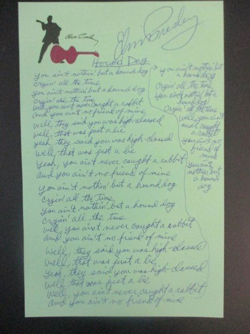 Elvis Presley Signed and Handwritten Lyrics for 'Hound Dog' (1 of 2)
