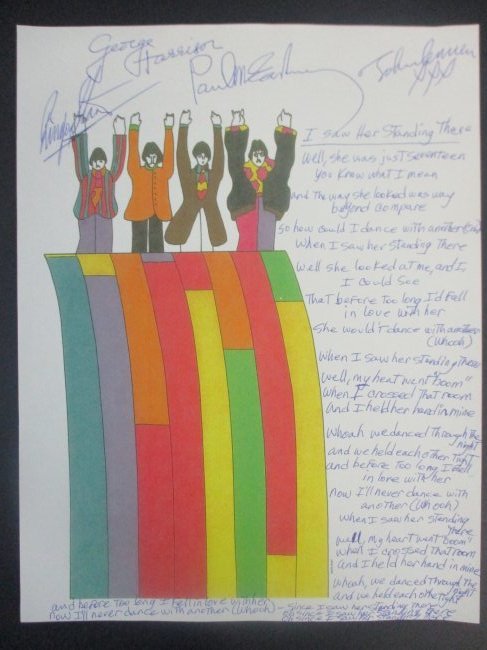 Beatles Signed Handwritten Lyrics for 'I Saw Her Standing There': This extraordinary piece of music history features handwritten lyrics for the timeless Beatles classic "I Saw Her Standing There," signed by all four members of the band: John Lennon, Paul McCartney,