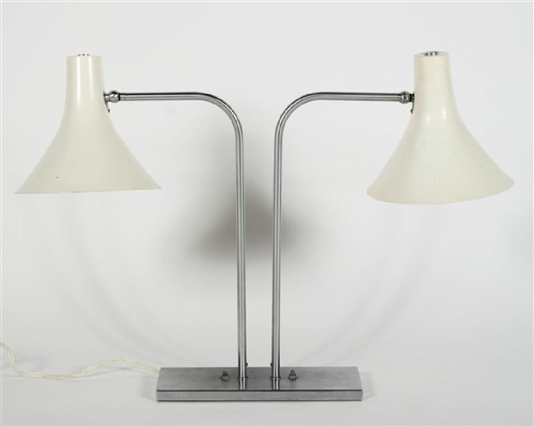 Greta von Nessen for Nessen Studios Table Lamp: Greta von Nessen (Swedish, 1898-1975), Metal, enamel. USA, c. 1950's. Manufactured by Nessen Studios. Lamps (extended): Height: 24", Width: 28 1/2" Shades: 8 1/2" diameter. Base: 12" x 4" Lamp display