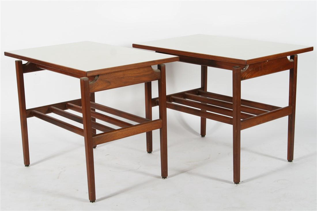 Pair of Rectangular Laminate and Wood Tables: Teak, laminate. Height: 22", Length: 18 1/4", Width: 18 1/4" ea. Pair of wooden tables with white laminate tops feature "floating top" design, solid teak frames, and particle board tops, as well as fo