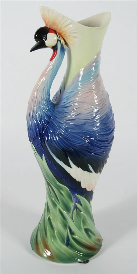 Franz Collection Grey Crowned Crane Porcelain Vase: Designed by Span Lin. Grey Crowned Crane. Porcelain. Distributed by Franz Collection, Inc. (China, est. 2001). Catalog No.: FZ02702. Edition: 62. Height: 23" Base: 7 1/4" diameter. Sculptured porcelai