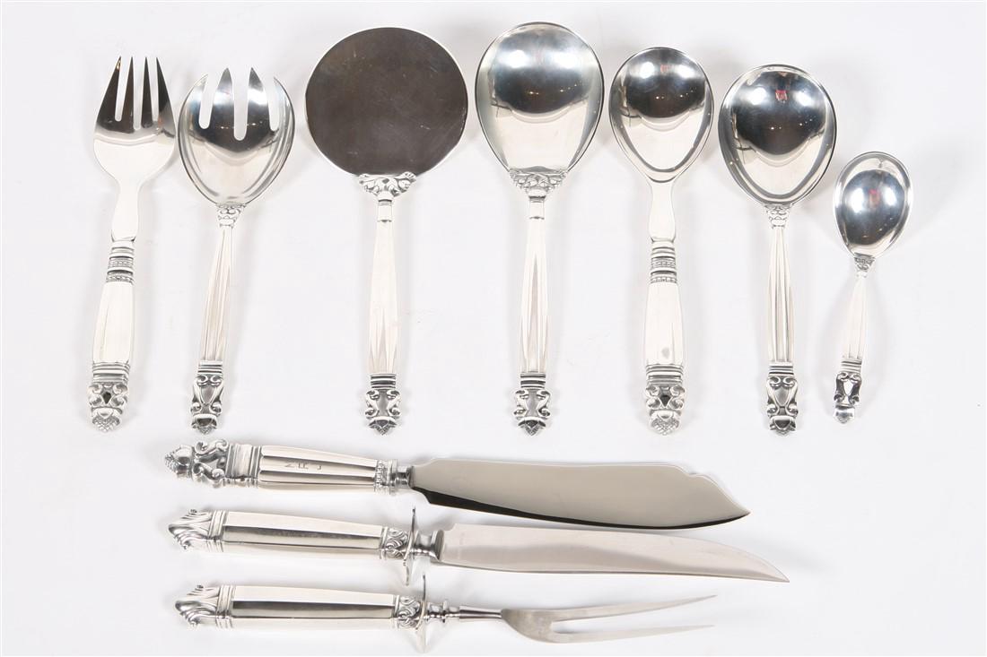 Johan Rohde for Georg Jensen, Sterling Serving Set: Johan Rohde Set of sterling serving utensils. Sterling silver, stainless steel. Design: 1915. Manufactured by Georg Jensen. "Acorn" and "Acorn Centennial" patterns. Sterling silver serving utensils in