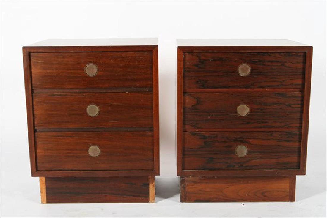 Pair of Dyrlund-Smith Modern Rosewood Nightstands: Dyrlund (Danish, est. 1960). Wood, veneer, brass. c. 1960's-70's. Distributed by Smith Contemporary Furniture. Height: 23â€, Length: 18â€, Width: 14 3/4â€ ea. Nightstands feature rosewood ven