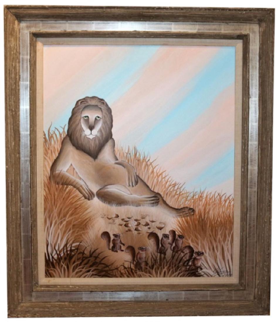 Gustavo Novoa (Chilean, b. 1941), "Gluttony": Gustavo Novoa (Chilean, b. 1941). "Gluttony". Acrylic on board, 1979. Sight: 28 1/4" x 23". Frame: 37 1/4" x 32". Painting depicts a recumbent lion with nutshells and squirrels. Signed "G. Novoa 1979"