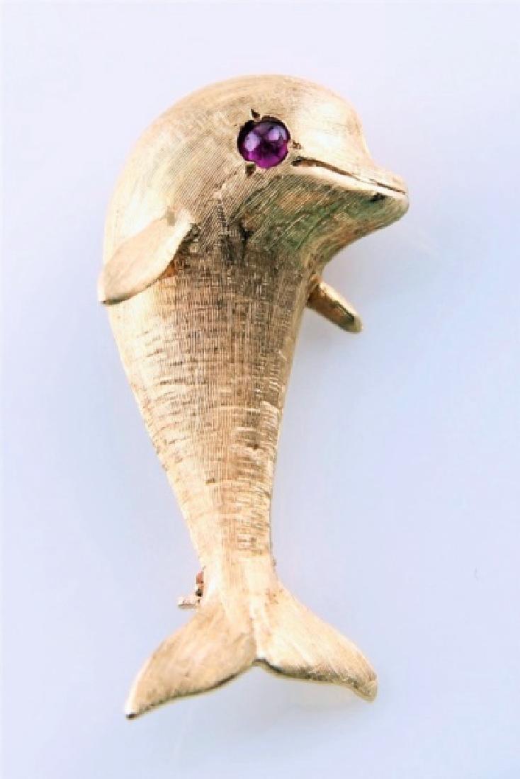 14k Yellow Gold Dolphin Brooch (1 of 3)