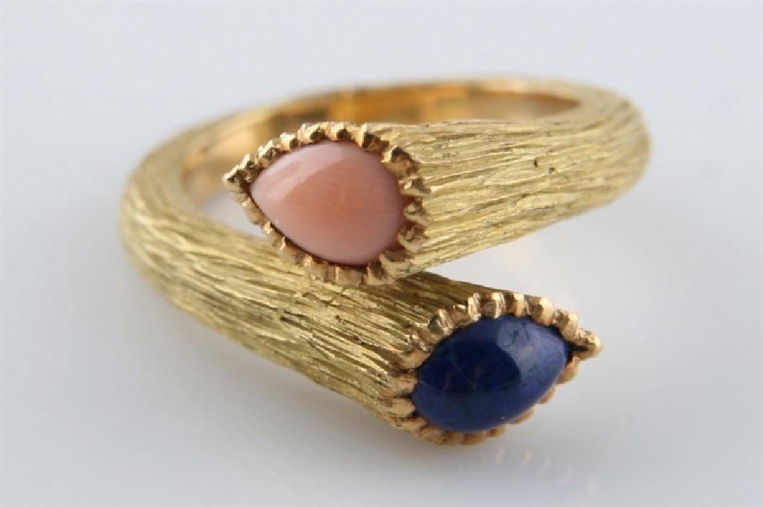 18k Yellow Gold, Coral and Lapis Bypass Ring (1 of 5)