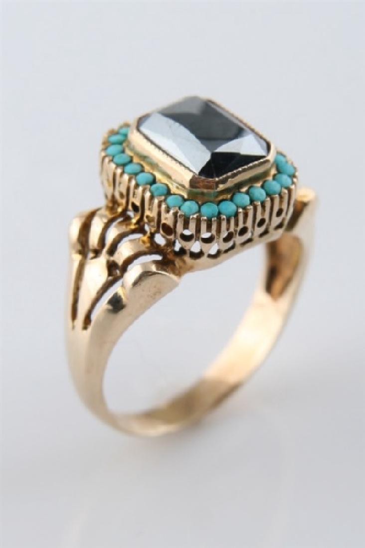 14k Yellow Gold, Hematite and Turquoise Ring: Ring is a size 5 1/2 and weighs 3.2 grams.