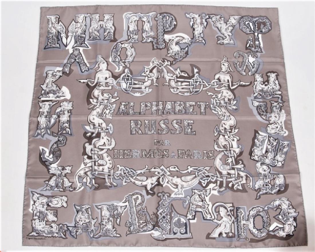 HERMES Calle 90 silk ALPHABET RUSSE scarf pink