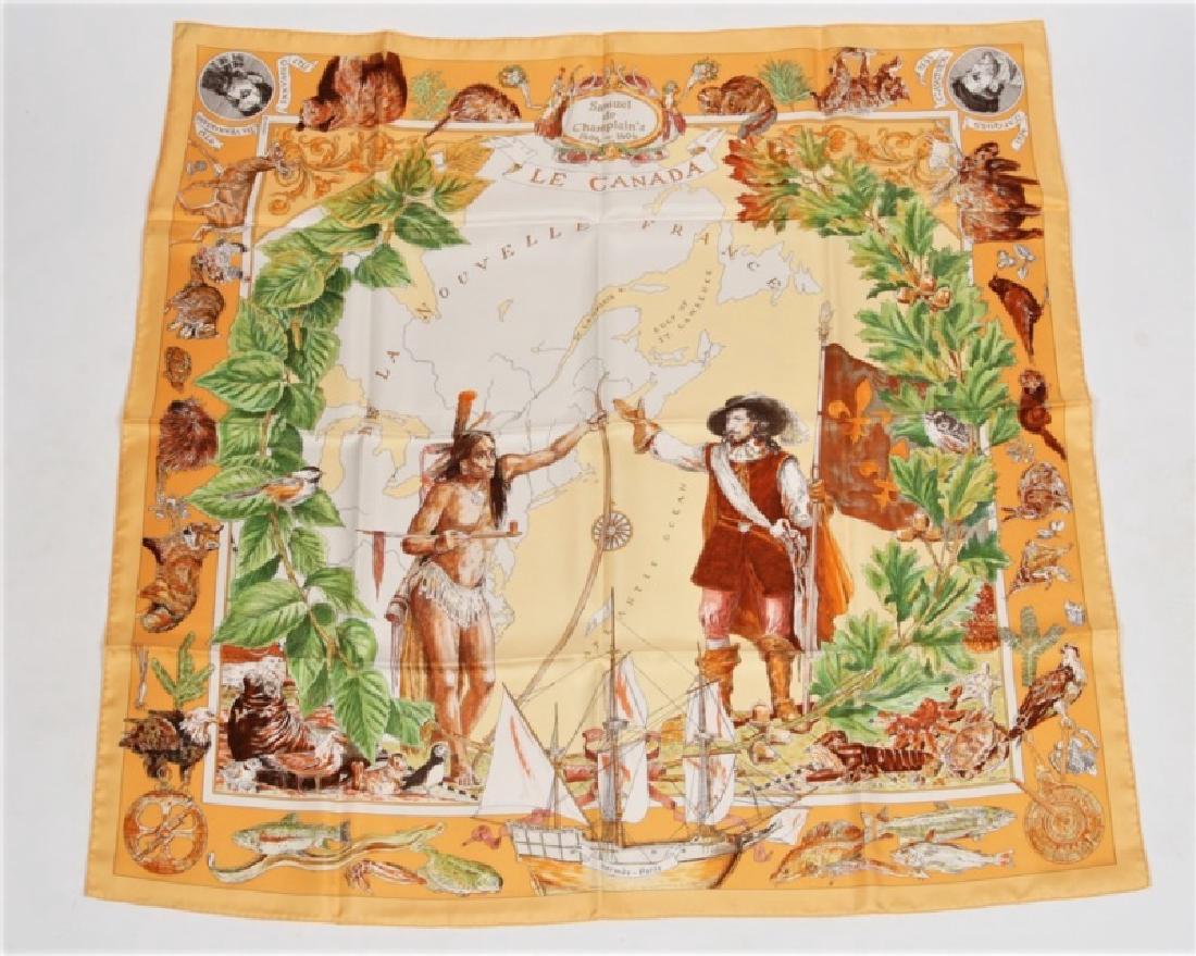 Hermes, "Samuel de Champlain" Silk Scarf in Gold: Designed by Kermit Oliver. "Samuel de Champlain". Silk. Designed 2006. Produced by Hermes. 36" x 36". "Samuel de Champlain" or "Le Canada" silk scarf in the gold colorway designed by Kermit Oliver for