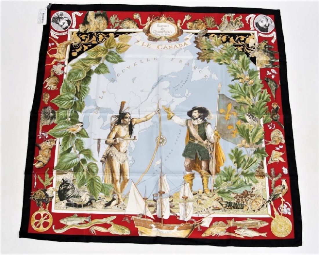 Hermes, "Samuel de Champlain" Silk Scarf in Black: Designed by Kermit Oliver. "Samuel de Champlain". Silk. Designed 2006. Produced by Hermes. 36" x 36". "Samuel de Champlain" or "Le Canada" silk scarf in the black colorway designed by Kermit Oliver fo
