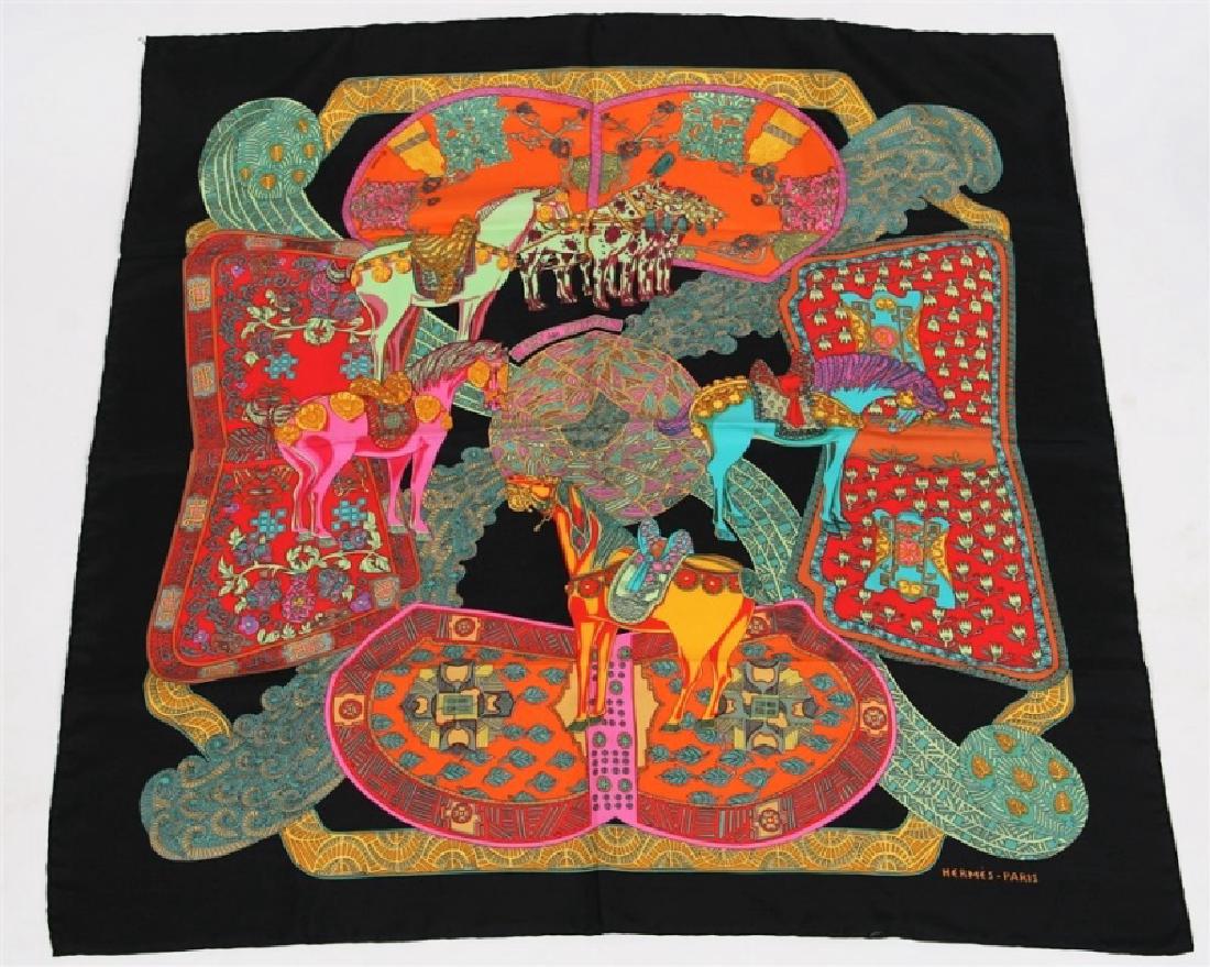 Hermes, "Art des Steppes" Silk Scarf in Black: Designed by Annie Faivre. "Art des Steppes". Silk. Designed 1991. Produced by Hermes. 35" x 35". "Art des Steppes" silk scarf in the black colorway designed by Annie Faivre for Hermes. Horse motif. Ma