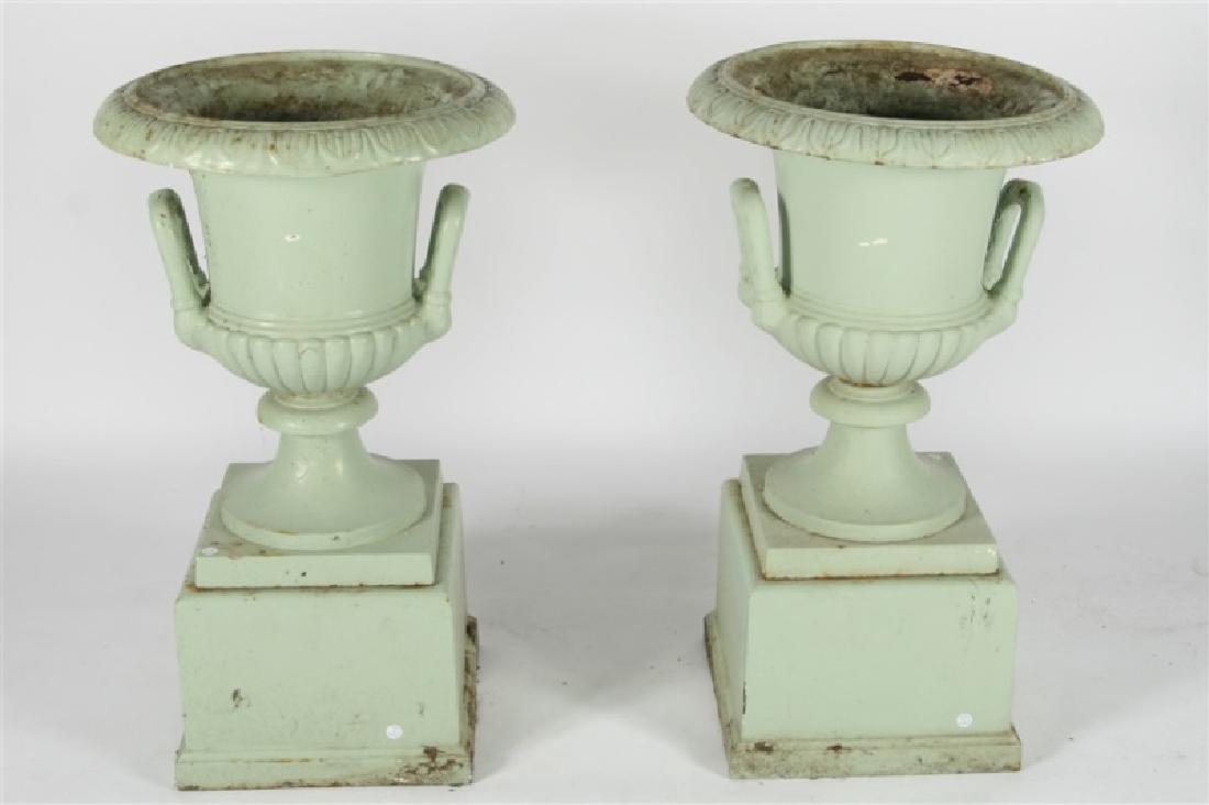 Pair of Cast Iron Garden Urns with Block Bases (1 of 10)
