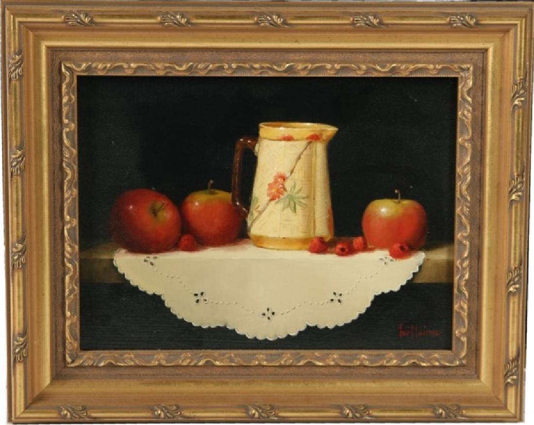 Bert Beirne, "Majolica, Apples and Madeira": Bert Beirne (American, b. 1939). "Majolica, Apples and Madeira". Oil on panel, 20th C. Sight: 8 3/4" x 11 1/2". Frame 13 1/8" x 16 1/8". Still Life depicts apples and pitcher on table top. Signed lowe