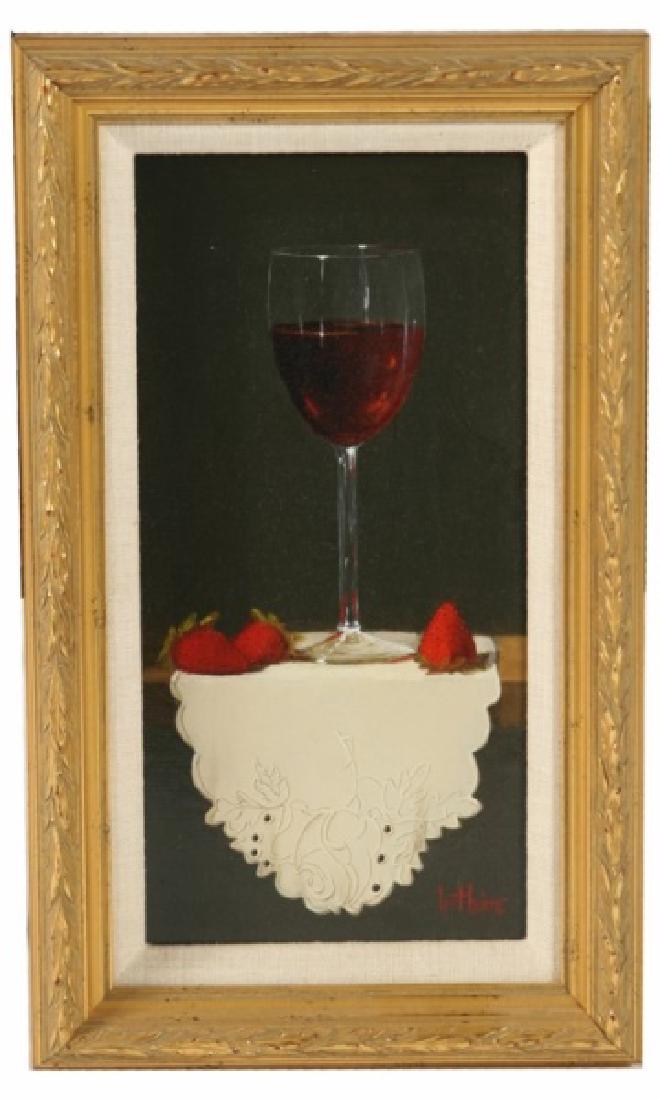 Bert Beirne, "Red Wine, Strawberries and Madeira": Bert Beirne (American, b. 1939). "Red Wine, Strawberries and Madeira". Oil on panel, 20th C. Sight: 11 1/2" x 5 1/2". Frame: 15" x 9". Still life depicts a wine glass and strawberries on table top. Si