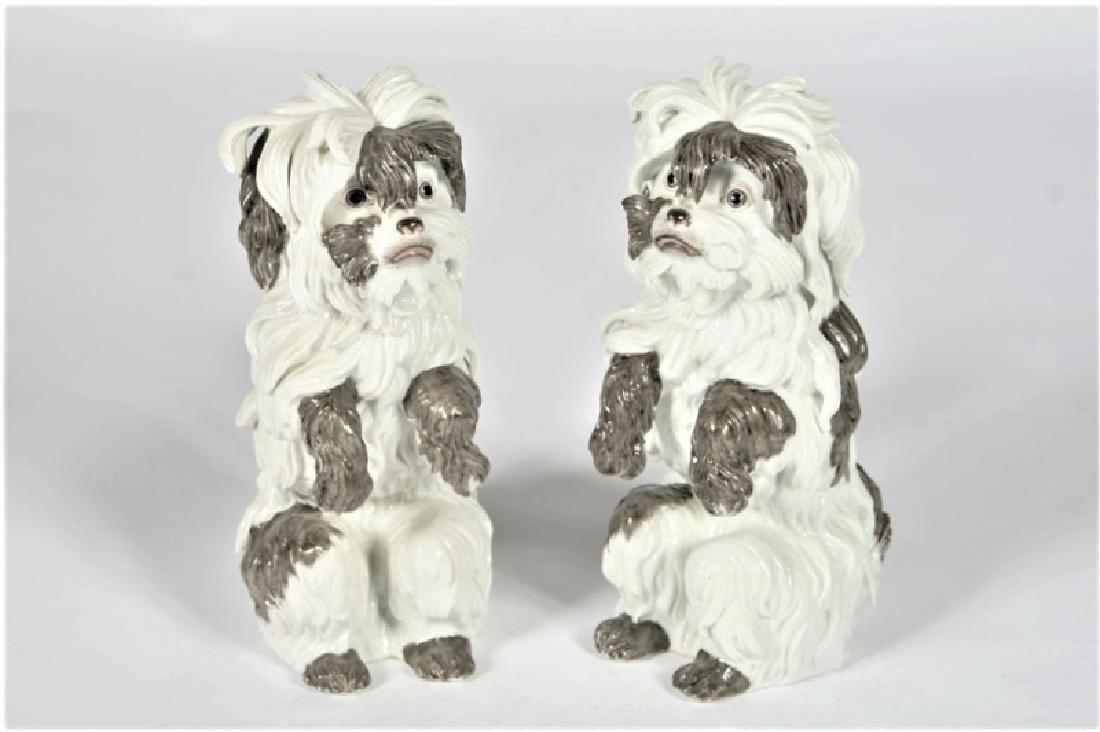 Pair of Samson Porcelain Bolognese Terriers: Height: 11 3/4", Width: 4 1/2", Depth: 7" ea. One figure displays faint crossed swords mark on underside; other figure appears unmarked.