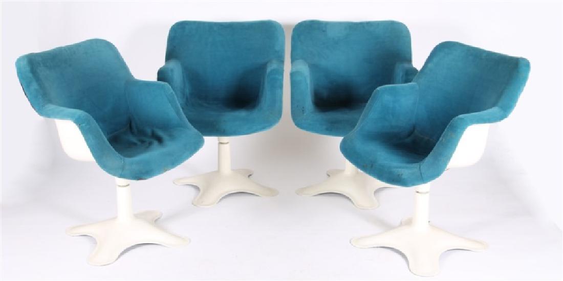 Yrjo Kukkapuro (Finnish), Four Swivel Chairs: Yrjo Kukkapuro (Finnish, b. 1933). Fiberglass, aluminum, upholstery. c. 1960's. Manufactured by Haimi Finland. Model # 417. Height: 32", Length: 24 1/2", Depth: 26", Seat Height: 17" ea. Arm chairs fe