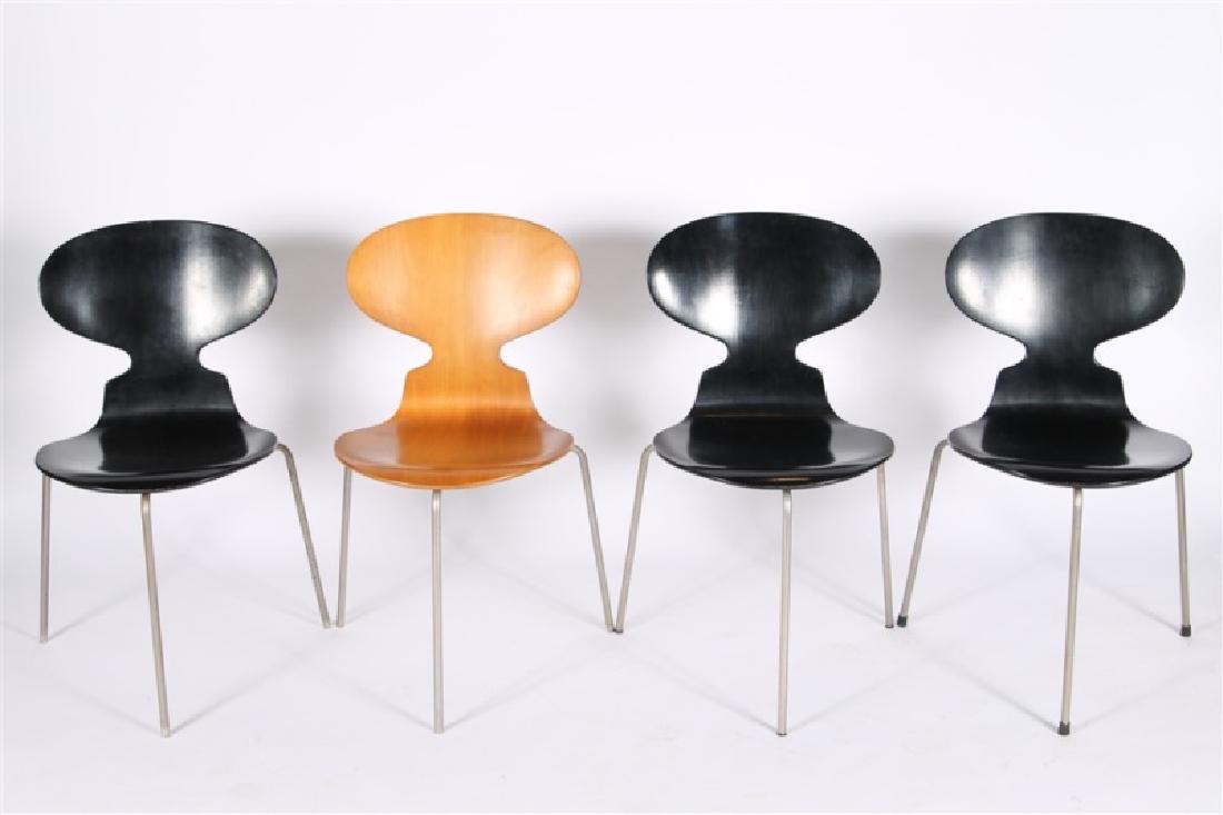 Arne Jacobsen, Four "Ant" Chairs, Model 3100: Arne Jacobsen (Danish, 1902-1971). "Ant" Chair. Lacquered wood, steel. Design: 1952. Manufactured by Fritz Hansen (Denmark, est. 1872). Model: 3100. Height: 30 1/4", Width: 20 5/8", Seat Height: 17",