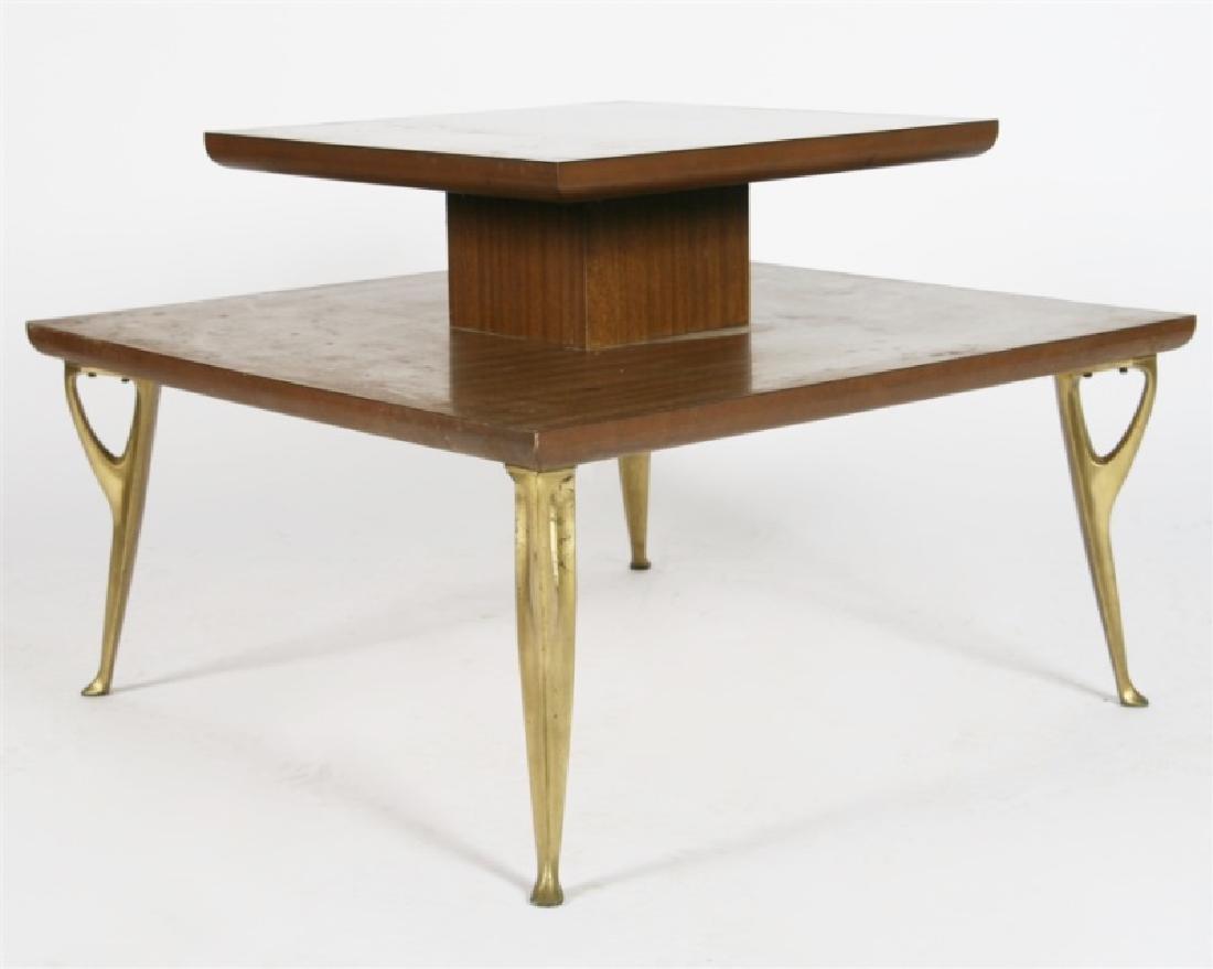 Modern 2-Tier Square Coffee Table: Wood, metal. Length: 30", Depth: 30", Height: 22". Coffee table features a two surfaces in a tiered design with metal organic-shaped legs. Table appears to be unmarked.