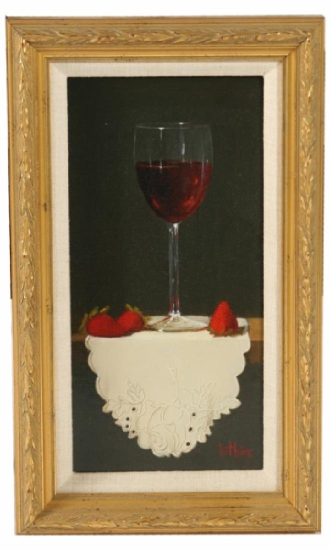 Bert Beirne, "Red Wine, Strawberries and Madeira": Bert Beirne (American, b. 1939). "Red Wine, Strawberries and Madeira". Oil on panel, 20th C. Sight: 11 1/2" x 5 1/2". Frame: 15" x 9". Still life depicts a wine glass and strawberries on table top. Si