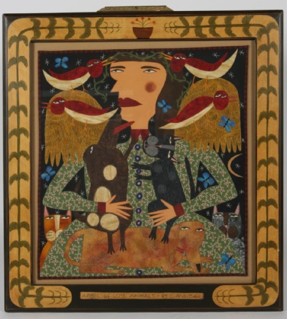 Chris Roberts-Antieau, "Angel of Lost Animals": Chris Roberts-Antieau (American, 20th - 21st C.). "Angel of Lost Animals". Mixed media, 2004. Sight: 24" x 22". Frame: 31 1/2" x 29 1/2". Textile art is presented with the custom painted frame, and ti