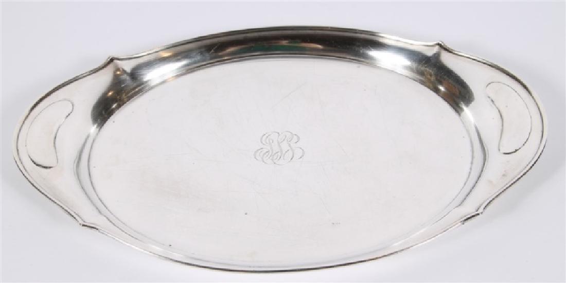 Gorham Silver (American, est. 1831), Sterling Tray: Gorham Silver (American, est. 1831). Sterling silver, 1906. Model # A4609. Height: 1", Length: 14 5/8", Depth: 9 1/4". Sterling silver serving tray or platter by Gorham. Kidney-shaped decor to sides o