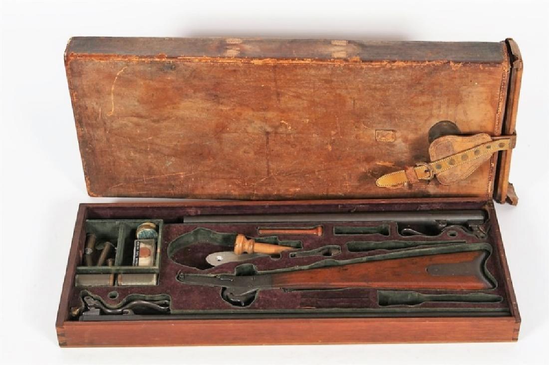 Mass. Arms, Maynard Carbine Rifle Shotgun - Cased: Massachusetts Arms Co. (America, 1850-1930). Model: Maynard Carbine, 1st Model. c. 1859. Rifle Length: 20". Shotgun Length: 26". Barrels: "3616" Stock: "Maynard Patentee May 27, 1851. June 17, 1856." 