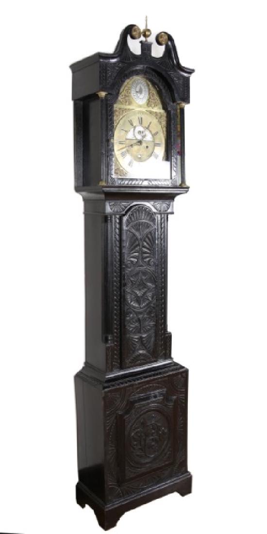 Robert Latch and Son, 18th C. Longcase Clock: Robert Latch and Son (Irish, 18th century). Wood, brass, metal. c. 18th C. Height: 89", Length: 19 1/4", Depth: 9 1/4". 18th century longcase clock by Robert Latch and Son. Carved wooden case with cen