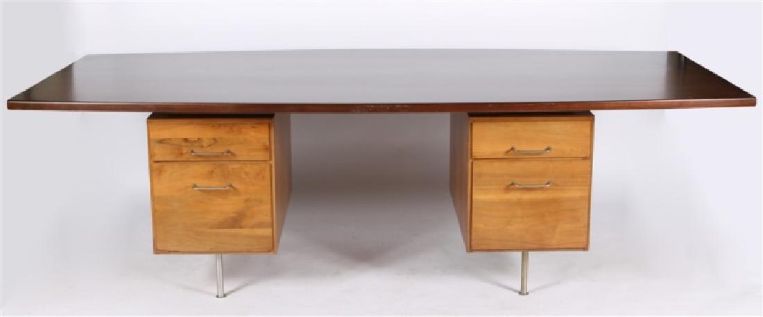 Jens Risom, Executive Desk: Jens Risom (Danish-American, 1916-2016). Walnut, steel. Desk Base: Length: 58 1/4", Depth: 29 3/4", Height: 28 1/2". Surface Top: Length: 96 1/4", Depth: 42", Height: 1 1/4". Desk features a double pe