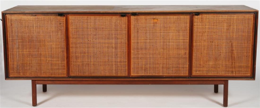 Attrib. Jack Cartwright for Founders, Credenza: Attributed to Jack Cartwright (American, 20th century). Wood, rattan / cane, faux leather. Distributed by the Founders Furniture Company. Height: 30 3/4", Length: 77 1/2", Depth: 18". Four-door wooden