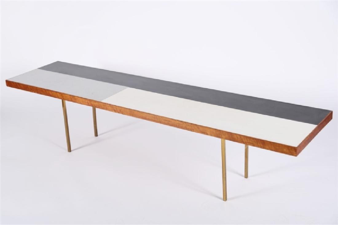 Custom Black, White, and Gray Low Table: Wood, brass. c. mid-20th century. Height: 16 1/2", Length: 69 1/8", Depth: 16 1/4". Custom black, white, and gray panel top low or coffee table with brass legs. Top of table divided into three section