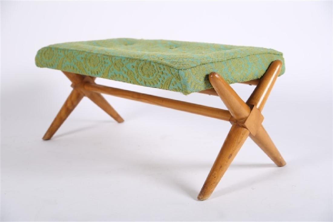 T.H. Robsjohn-Gibbings for Widdicomb, X Bench: T.H. Robsjohn-Gibbings (British, 1905-1976). X-bench. Wood, upholstery. c. 1950s. Distributed by Widdicomb. Model #1683. Height:14 1/2", Length: 32 1/2", Depth: 17 3/4". Wooden x-base bench designed b